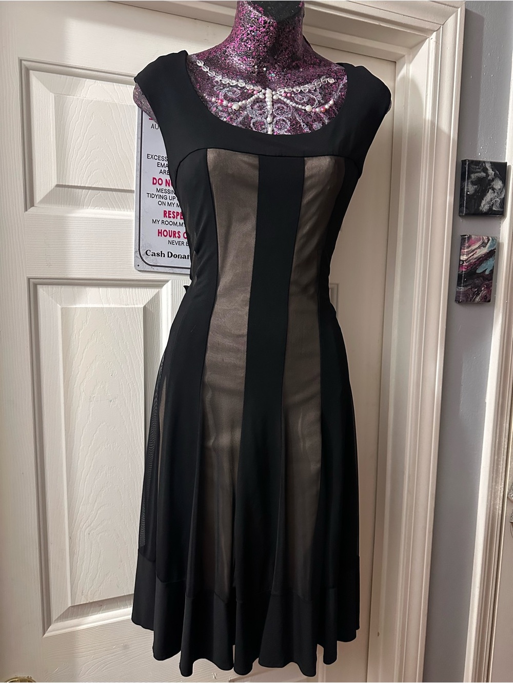 Maggy London vintage Black and sheer tan Panel Fit-and-Flare Dress